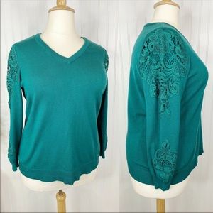 Lane Bryant V-Neck Green Crotchet Lace Sleeve Detail Soft Sweater